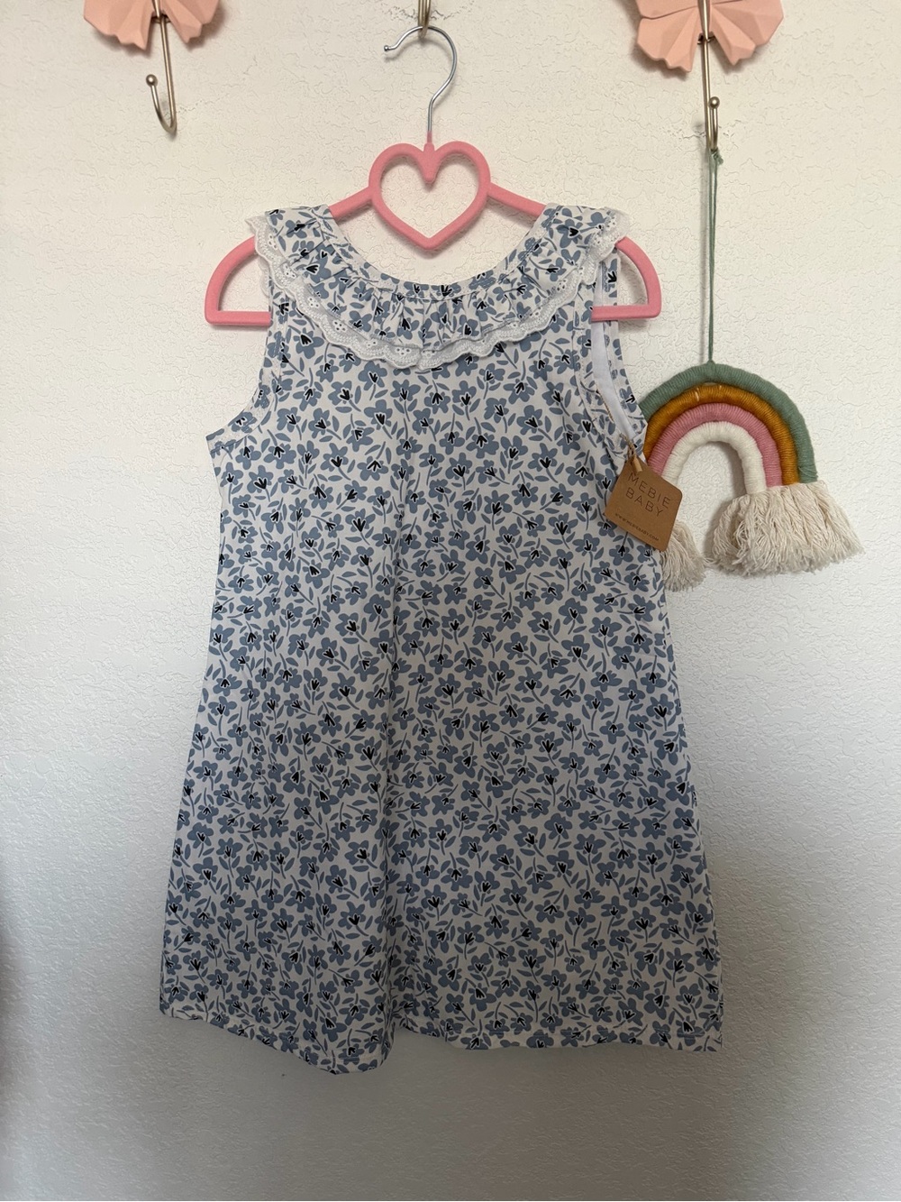 Floral Ruffle Neck Cotton Dress for Kids - Blue